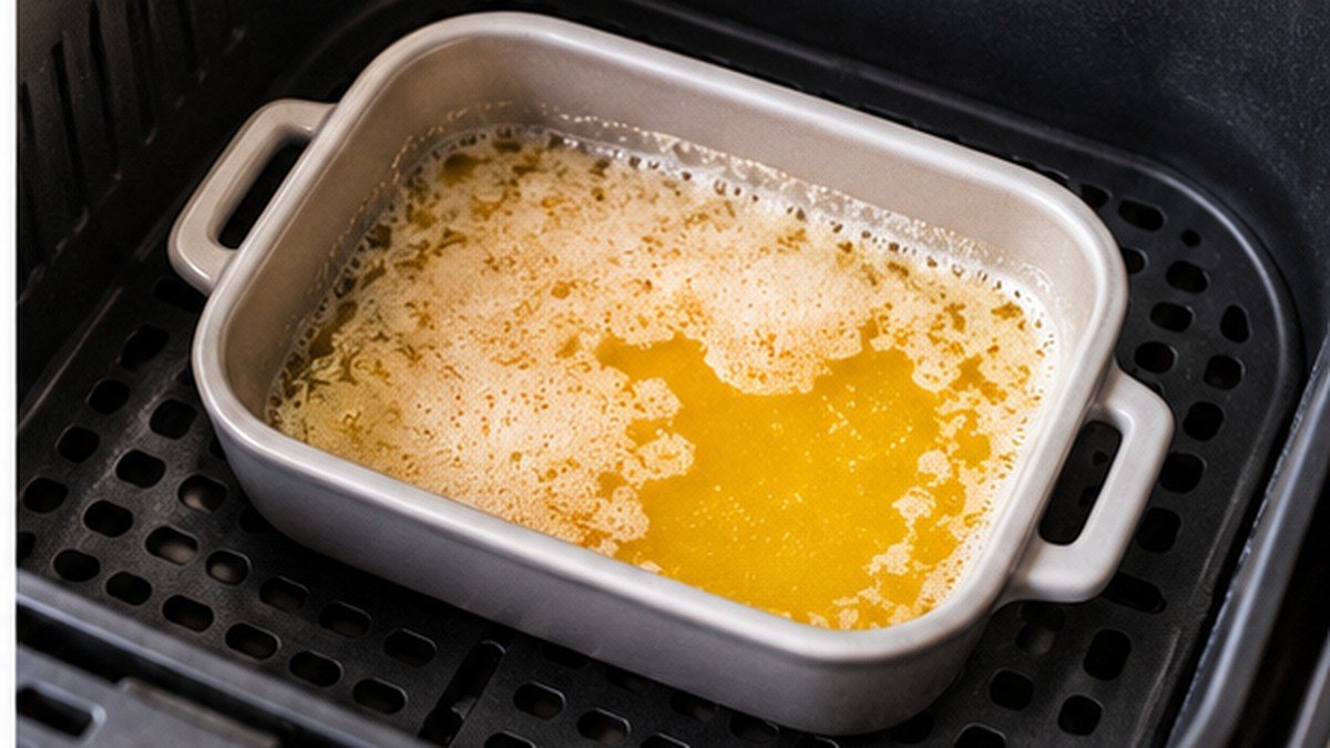 Mantequilla líquida con espuma en un recipiente dentro de una freidora de aire.